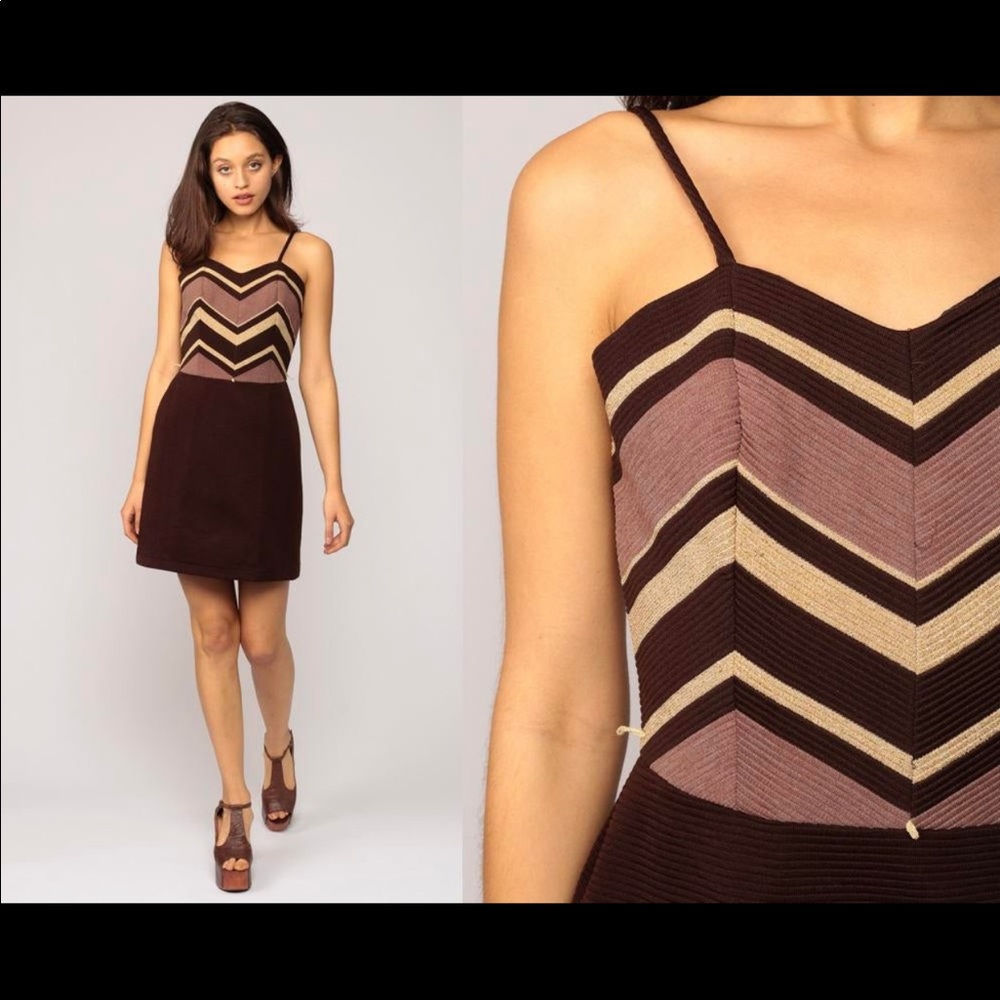 70s Mini Dress Metallic Striped Brown GOLD Zig Zag 1970s Party Vintage Small